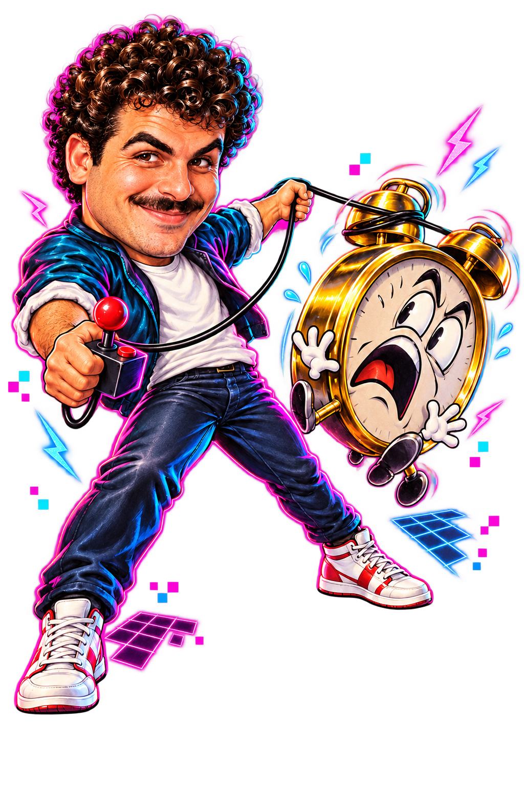 Caricatura Arcade ’80: Una sveglia gigante diventa il boss finale controllato con joystick e cavo-lazo.