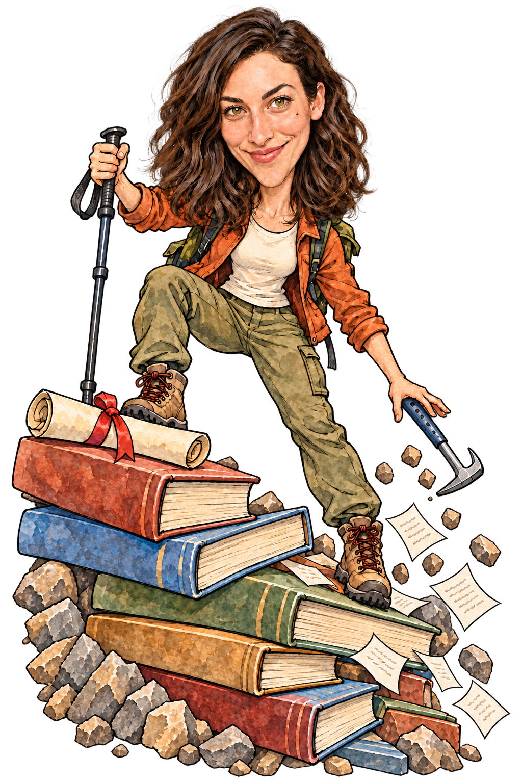 Caricatura Classica italiana: Una geologa scala una montagna di libri mentre tesi e martello iniziano a scivolare.