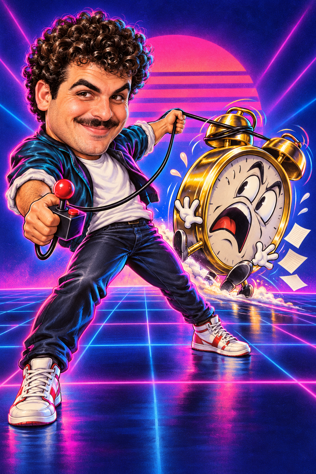 Caricatura a figura intera nello stile Arcade ’80